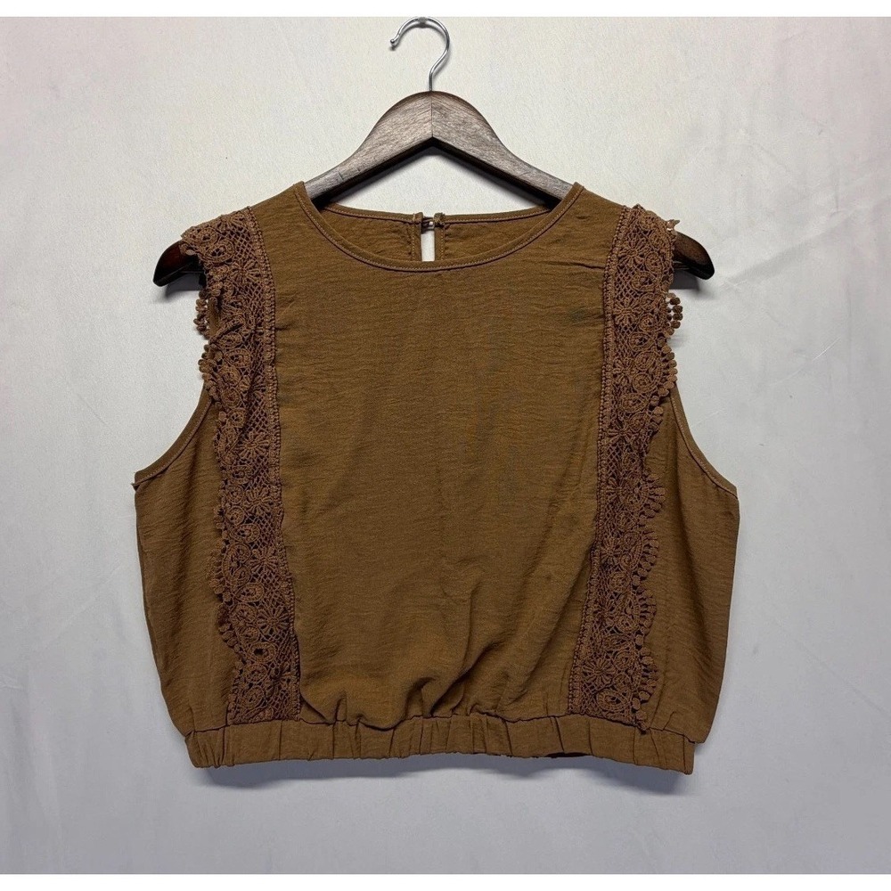 Womens Blouse Top XL Brown Round Neck Crochet Lace Trim Keyhole Back Elastic Hem